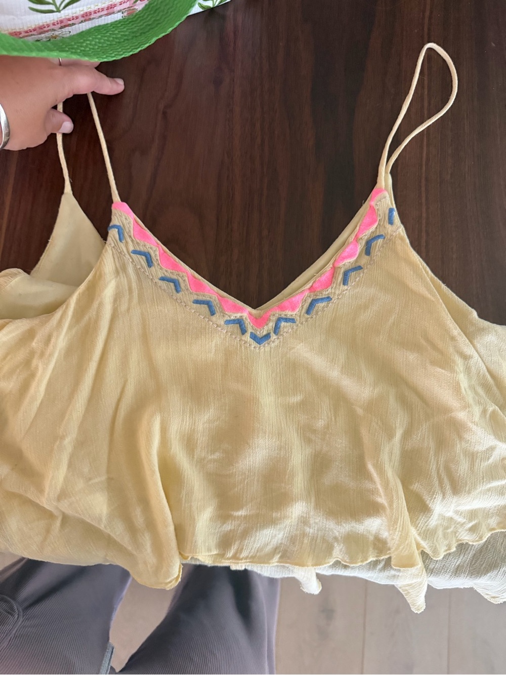 Truth Yellow Spaghetti Strap Camisole with Pink and Blue Embroidery